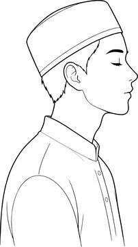 Cute Young Muslim Man Wearing Kopiah Songkok Cap Cartoon Character