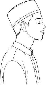 Cute Young Muslim Man Wearing Kopiah Songkok Cap Cartoon Character