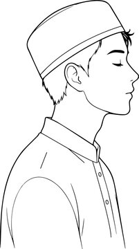 Cute Young Muslim Man Wearing Kopiah Songkok Cap Cartoon Character