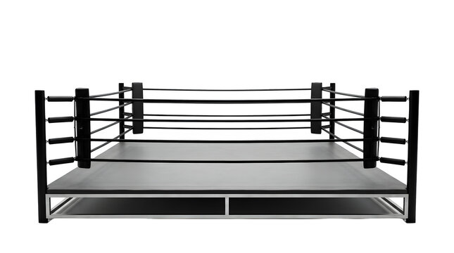 Professional wrestling ring with black posts and ropes on white background
