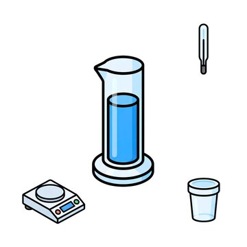 Laboratory glassware and digital scale for scientific measurement and chemical analysis setup