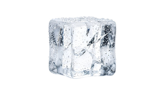 Single melting ice cube with water drops as transparent cutout