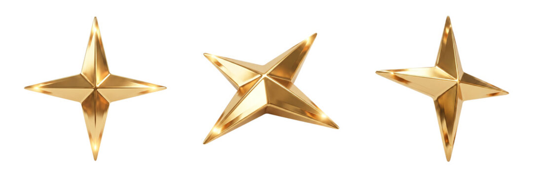 Golden 3D stars set, metallic four-pointed star collection, shiny gold star icons on white
