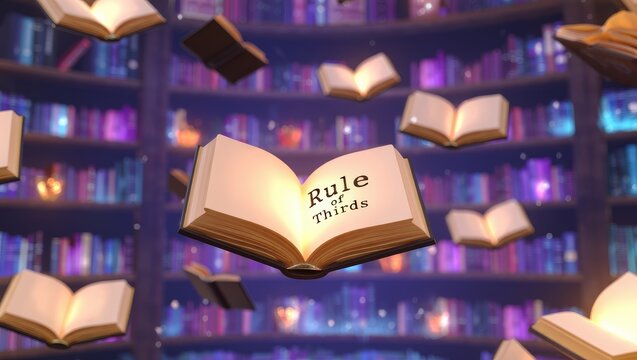 Magical Library with Floating Books and 'Rule of Thirds' Text