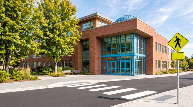 Modern brick building with blue glass entrance, surrounded by green trees and sidewalk with crosswalk, signifying education or civic space.