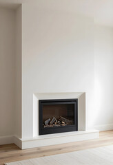 Fototapeta premium Modern minimalist living room interior design with white fireplace and light wood flooring, contemporary home decor