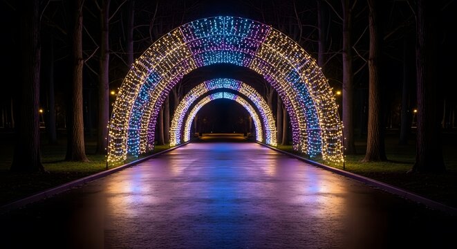 Glowing light tunnel at night in a park with illuminated arches.