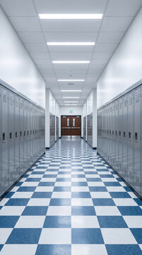 School hallway with rows of silver lockers and a blue and white checkered floor, leading to double doors with an exit sign, symbolizing education and passage