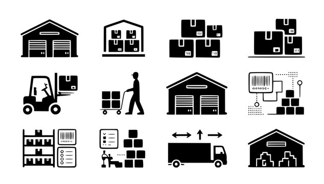 Warehouse inventory and logistics storage icon set featuring solid black silhouette of industrial warehouse building, stacked cardboard boxes, forklift truck loading, warehouse worker with hand trolle