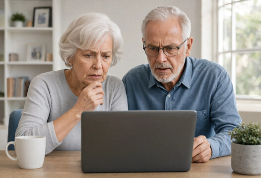 Senior couple reviewing suspicious email on laptop with concerned expressions at home