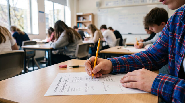 Students taking a mathematics exam in a classroom, focusing on concentration and academic assessment, representative of education and learning.