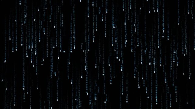Binary code digits falling vertically as glowing blue data streams against a black digital background