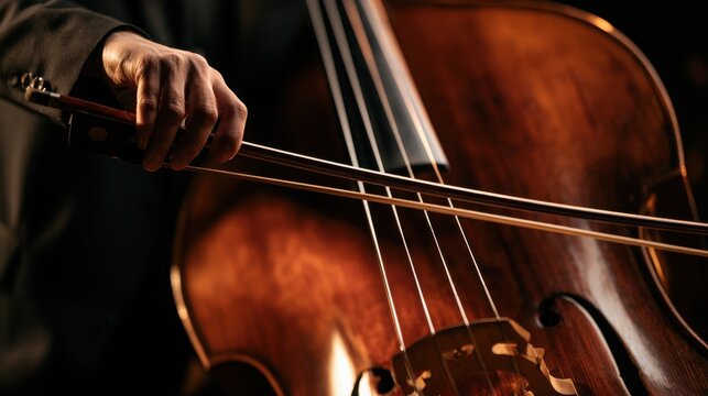 Close-up of a professional musician playing a wooden cello with a bow in a dark studio. Classical music performance and orchestral arts concept.