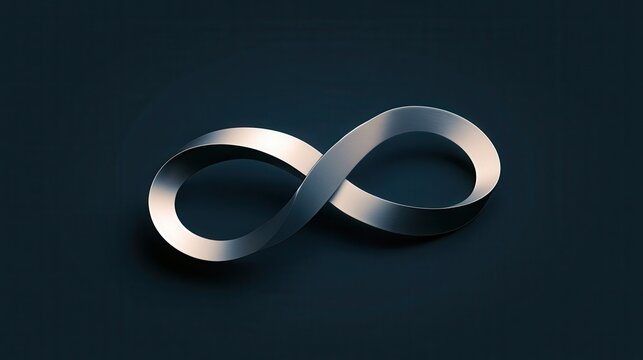 Metallic infinity symbol casting a subtle shadow on a dark background. Represents endlessness, eternity, and unbroken cycles.
