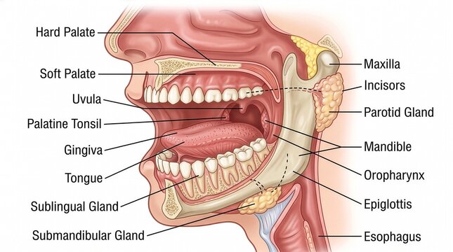 Anatomical side view of human face showing soft palate of pale pink and light blue. The character's mouth is open with visible throat, showcasing detailed interior structure of pharynx and esophagus