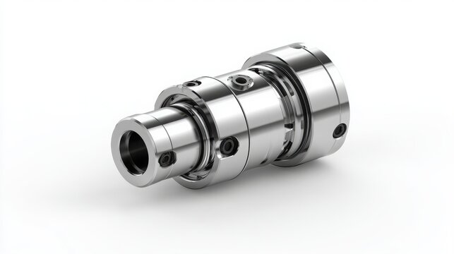Polished steel mechanical coupling part with precise metal finish isolated on white background. Perfect industrial component design for engineering and machinery catalogs.