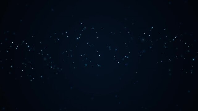 Dynamic magic glowing sparks drifting horizontally on a dark blue background. Seamless looping cinematic particle motion graphics.