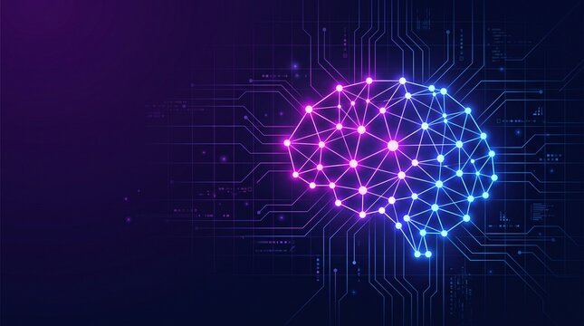 Futuristic Dark AI Brain Concept Background with Neon Glowing Neural Network and Copy Space