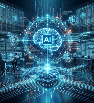 AI brain neural network hologram in futuristic data center with cybersecurity shield icons