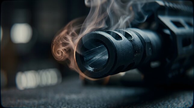 Close up of a smoking firearm muzzle brake after discharge
