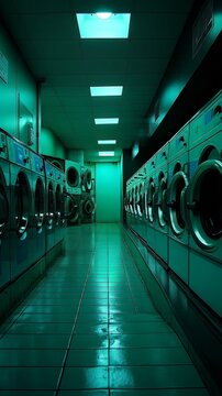 Empty laundromat interior with washing machines in eerie cyan lighting