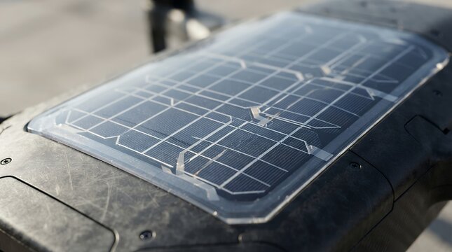 Close-up of transparent protective film covering high-efficiency solar cells on drone surface for aerospace durability