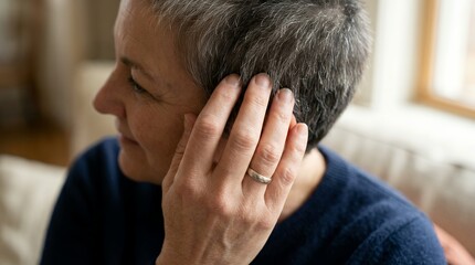 Fototapeta premium Woman touching short regrowing hair after chemotherapy treatment recovery.