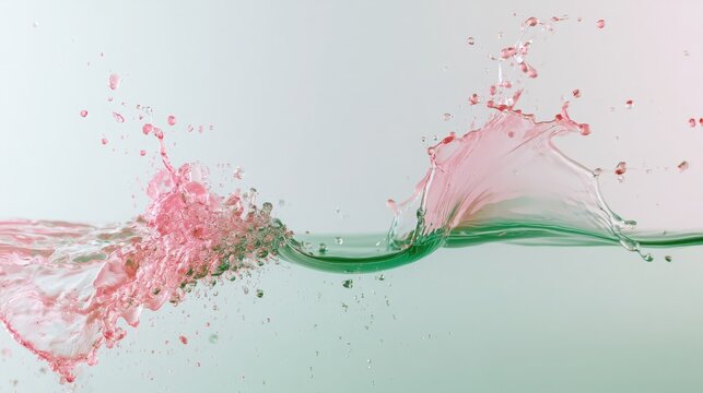 Dynamic pink liquid splashing into clear water with droplets. Perfect concept for freshness, beverage ads, or cosmetic themes.