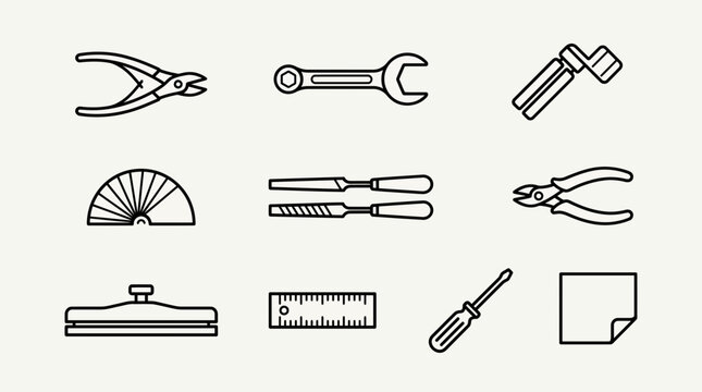 A 3x4 grid of blackandwhite minimalist line art icons depicting various hand tools and technical equipment