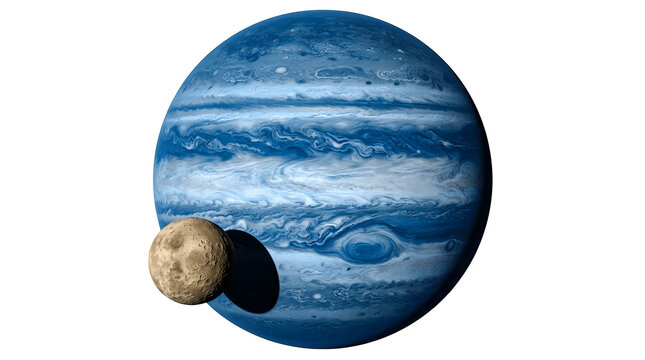 Blue giant gas planet with a cratered rocky moon and shadow as clean cutout