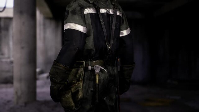 Firefighter standing amid dim concrete ruins, shoulders squared and helmet low, reflective stripes dulled by soot, mood contemplative and exhausted after heavy