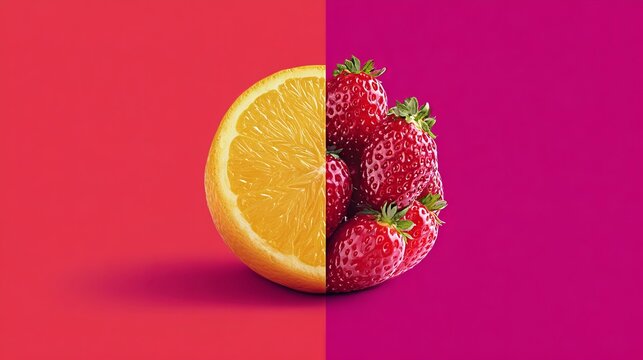 Bright citrus slice and juicy strawberries on contrasting deep pink and vibrant yellow gradient background, vibrant food concept for health-focused branding and organic produce marketing