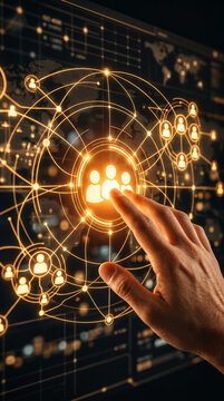 Hand touching a glowing network of people icons, symbolizing global connection and technology integration, ideal for business or data concepts