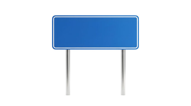 Blank blue road sign with metallic support poles as isolated element
