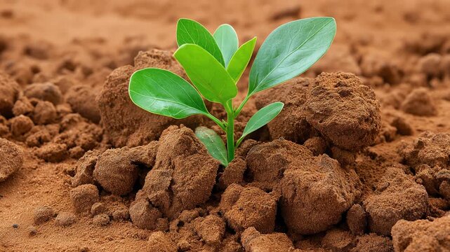 Young green plant sprout growing out of dry reddish brown soil in agriculture field close up