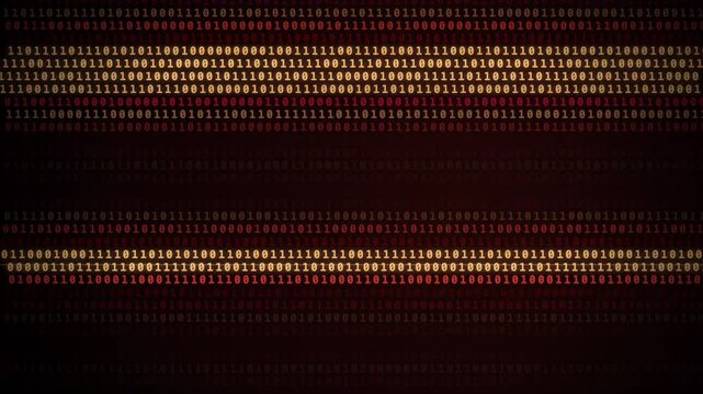 binary code rows with shifting red orange gradient glow on dark background