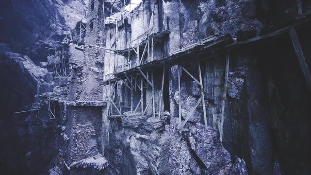 Abandoned cliffside set for horror, rickety platforms and props against jagged rock, fog and low light create cinematic suspense, perfect for thriller