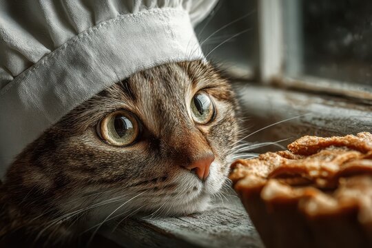 Tabby Cat in Chef Hat Sneaking Pie by Window