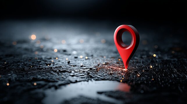 Glittering city street glow with glowing red pin marking a destination on wet asphalt at night, futuristic navigation concept for urban exploration