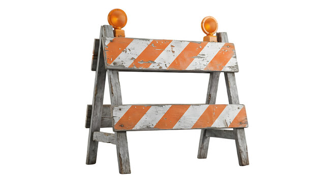 Wooden construction barricade with orange and white stripes as isolated element