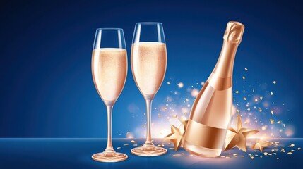 Fototapeta premium Champagne bottle and two flutes with golden confetti and stars on deep blue background for New Year celebration