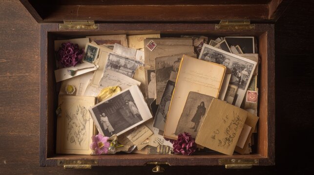Open vintage wooden memory box filled with blank photographs, old letters, postcards, film negatives, pressed flowers and tiny sentimental keepsakes