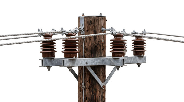 Wooden utility pole top with ceramic insulators and power lines as PNG asset