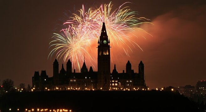 Fireworks explode over a silhouetted historic building with a prominent clock tower
