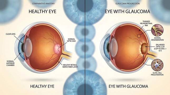 Healthy Eye Versus Glaucoma Optic Disc Cupping and Retinal Nerve Fiber Layer Defects