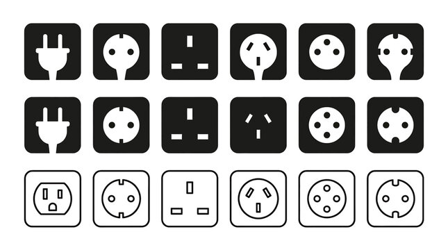 Set of various international electric power plug and socket icons representing global voltage outlet standards.