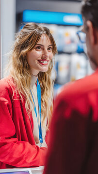 A friendly retail associate with a bright smile assists a customer, creating a positive and welcoming shopping experience in a brightly lit store.