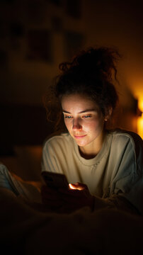 A young woman illuminated by the soft glow of her smartphone screen, engrossed in its light in the dim evening.