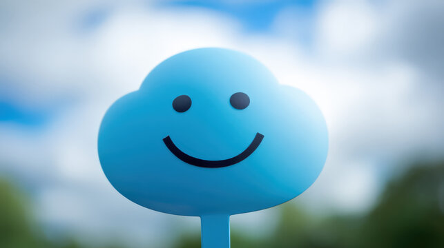 A charming blue cloud character with a simple, happy face stands out against a soft-focus sky, radiating positivity and lightheartedness.