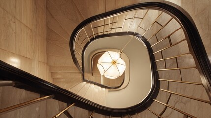 Fototapeta premium Spectacular interior staircase combining vintage art deco architecture and contemporary luxury, sweeping curved staircase, dark polished wood